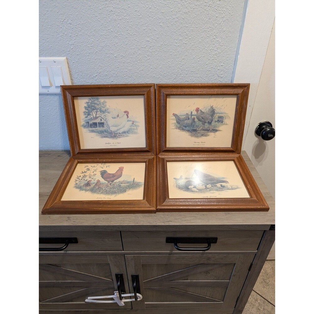 Set of 4 Farm Chicken Prints Framed Rustic Farmhouse Wall Art Rooster Hen Decor